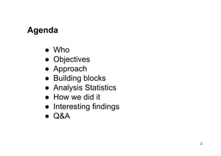 Agenda
●  Who
●  Objectives
●  Approach
●  Building blocks
●  Analysis Statistics
●  How we did it
●  Interesting findings...