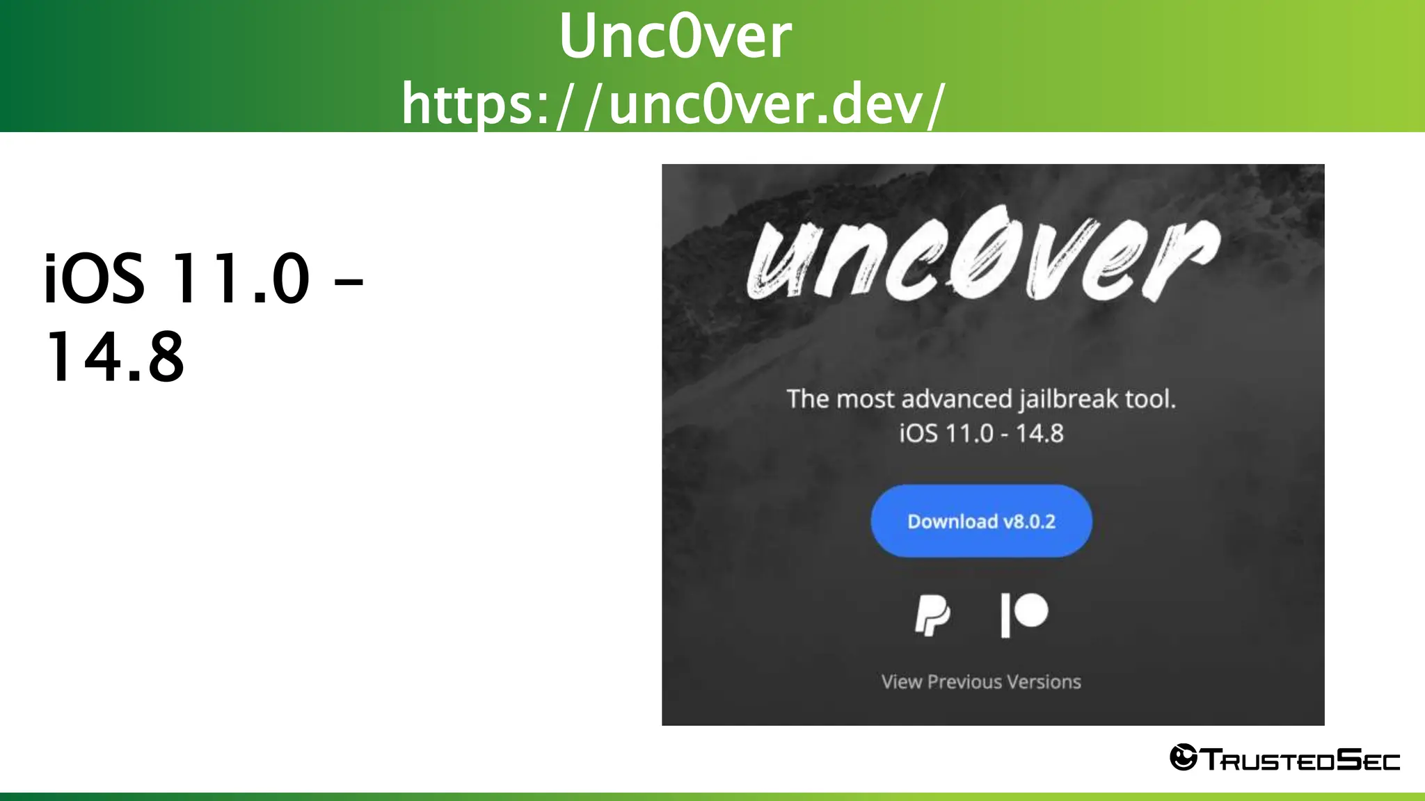 Unc0ver
https://unc0ver.dev/
Screen Shot 2023-03-23 at 7.57.25 PM
iOS 11.0 –
14.8
 