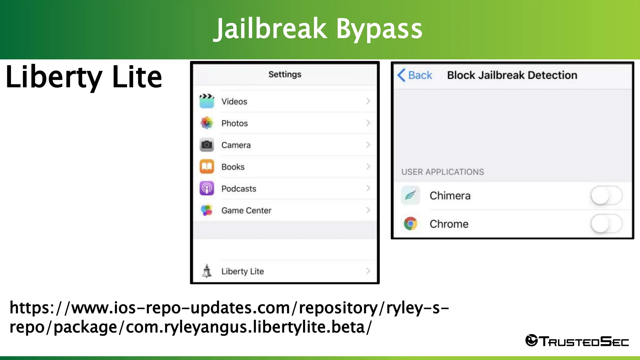 Jailbreak Bypass
Screen Shot 2023-03-23 at 7.57.25 PM
Liberty Lite
https://www.ios-repo-updates.com/repository/ryley-s-
repo/package/com.ryleyangus.libertylite.beta/
 