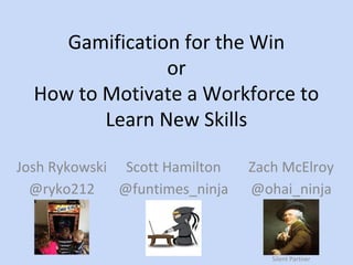 Gamification for the Win
or
How to Motivate a Workforce to
Learn New Skills
Josh Rykowski
@ryko212
Scott Hamilton
@funtimes_ninja
Zach McElroy
@ohai_ninja
Silent Partner
 