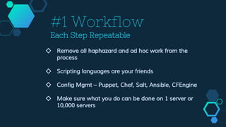 #1 Workflow
Each Step Repeatable
◇ Remove all haphazard and ad hoc work from the
process
◇ Scripting languages are your friends
◇ Config Mgmt – Puppet, Chef, Salt, Ansible, CFEngine
◇ Make sure what you do can be done on 1 server or
10,000 servers
 