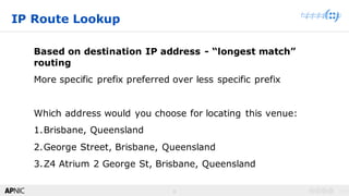 8
v1.08
Based on destination IP address - “longest match”
routing
More specific prefix preferred over less specific prefix
Which address would you choose for locating this venue:
1.Brisbane, Queensland
2.George Street, Brisbane, Queensland
3.Z4 Atrium 2 George St, Brisbane, Queensland
IP Route Lookup
 