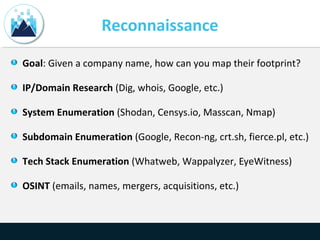 Reconnaissance
Goal: Given a company name, how can you map their footprint?
IP/Domain Research (Dig, whois, Google, etc.)
System Enumeration (Shodan, Censys.io, Masscan, Nmap)
Subdomain Enumeration (Google, Recon-ng, crt.sh, fierce.pl, etc.)
Tech Stack Enumeration (Whatweb, Wappalyzer, EyeWitness)
OSINT (emails, names, mergers, acquisitions, etc.)
 