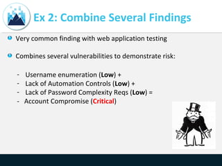 Ex 2: Combine Several Findings
Very common finding with web application testing
Combines several vulnerabilities to demonstrate risk:
- Username enumeration (Low) +
- Lack of Automation Controls (Low) +
- Lack of Password Complexity Reqs (Low) =
- Account Compromise (Critical)
 