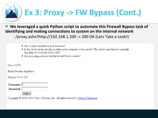Ex 3: Proxy -> FW Bypass (Cont.)
We leveraged a quick Python script to automate this Firewall Bypass task of
identifying and making connections to system on the internal network
- /proxy.ashx?http://192.168.1.200 -> 200 OK (Lets Take a Look!)
 
