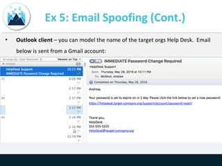 Ex 5: Email Spoofing (Cont.)
• Outlook client – you can model the name of the target orgs Help Desk. Email
below is sent from a Gmail account:
 