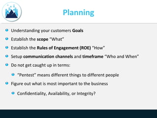 Planning
Understanding your customers Goals
Establish the scope “What”
Establish the Rules of Engagement (ROE) “How”
Setup communication channels and timeframe “Who and When”
Do not get caught up in terms:
“Pentest” means different things to different people
Figure out what is most important to the business
Confidentiality, Availability, or Integrity?
 