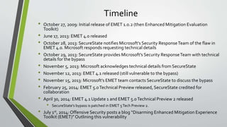 Timeline
• October 27, 2009: Initial release of EMET 1.0.2 (then Enhanced Mitigation Evaluation
Toolkit)
• June 17, 2013: ...