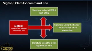 Sigtool: ClamAV command line
27
Sigtool
(signature and database
management tool)
Signature using the hash of
the PE-section of an
executable
Signature using full MD5
hash of file
Signature using the a hex
fragment of a file
 