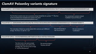 ClamAV PoisonIvy variants signature
PoisonIvy2015:0:*:257375706461746525346425303264253032642530326425303264253032642e746d70*434f4e4e4543542025733a256920485454502f2f312e30
PoisonIVY2011:0:*:202f632064656c202573203e206e756c*25752e3139332e25642e2564*47455420257320485454502f312e31*757564646f7362656174
PoisonIVY2011UPX:0:*:76727937666f2f55524c446f776e657a7b*365c5c7525752e3139332e2564
The second part contains instead
“CONNECT %s:%i HTTP//1.0”
The first Rule contains two non-successive strings divided by the symbol “*”. The first
string translated from hexadecimal contains the word
“%supdate%4d%02d%02d%02d%02d%02d.tmp”.
This rule takes a Poison Ivy sample dated 2011 and we use 3 different
strings. The first is “/c del %s > nul”
The second strings is
“GET %s HTTP/1.1”
The last matches to
“uuddosbea”
The third rule is the same sample
mentioned above, but without the
package UPX. The first of two strings
is “vry7fo/URLDownez{”
The second strings is
“6u%u.193.%d”
34
 