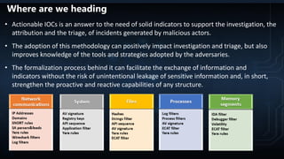 • Actionable IOCs is an answer to the need of solid indicators to support the investigation, the
attribution and the triage, of incidents generated by malicious actors.
• The adoption of this methodology can positively impact investigation and triage, but also
improves knowledge of the tools and strategies adopted by the adversaries.
• The formalization process behind it can facilitate the exchange of information and
indicators without the risk of unintentional leakage of sensitive information and, in short,
strengthen the proactive and reactive capabilities of any structure.
Where are we heading
 