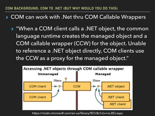 COM BACKGROUND: COM TO .NET (BUT WHY WOULD YOU DO THIS)
▸ COM can work with .Net thru COM Callable Wrappers
▸ “When a COM client calls a .NET object, the common
language runtime creates the managed object and a
COM callable wrapper (CCW) for the object. Unable
to reference a .NET object directly, COM clients use
the CCW as a proxy for the managed object.”
https://msdn.microsoft.com/en-us/library/f07c8z1c(v=vs.85).aspx
 