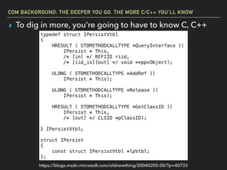 COM BACKGROUND: THE DEEPER YOU GO, THE MORE C/C++ YOU’LL KNOW
▸ To dig in more, you’re going to have to know C, C++
https://blogs.msdn.microsoft.com/oldnewthing/20040205-00/?p=40733
 