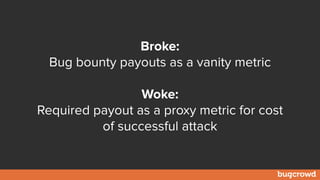 Broke:
Bug bounty payouts as a vanity metric
Woke:
Required payout as a proxy metric for cost
of successful attack
 