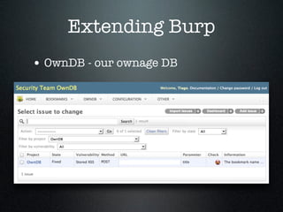 Extending Burp
• OwnDB - our ownage DB
 