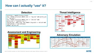How can I actually *use* it?
| 12 |
Threat Intelligence
processes = search Process:Create
reg = filter processes where (ex...