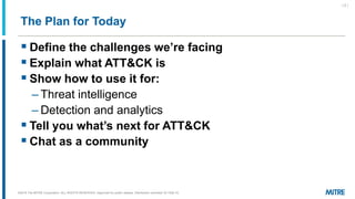 The Plan for Today
▪ Define the challenges we’re facing
▪ Explain what ATT&CK is
▪ Show how to use it for:
– Threat intelligence
– Detection and analytics
▪ Tell you what’s next for ATT&CK
▪ Chat as a community
| 2 |
©2018 The MITRE Corporation. ALL RIGHTS RESERVED Approved for public release. Distribution unlimited 18-1528-15.
 