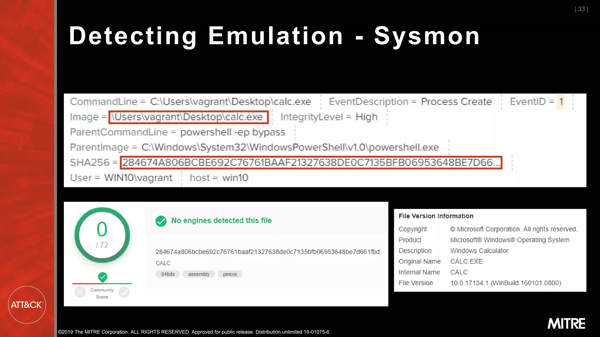 ©2019 The MITRE Corporation. ALL RIGHTS RESERVED. Approved for public release. Distribution unlimited 19-01075-6.
Detecting Emulation - Sysmon
| 33 |
 