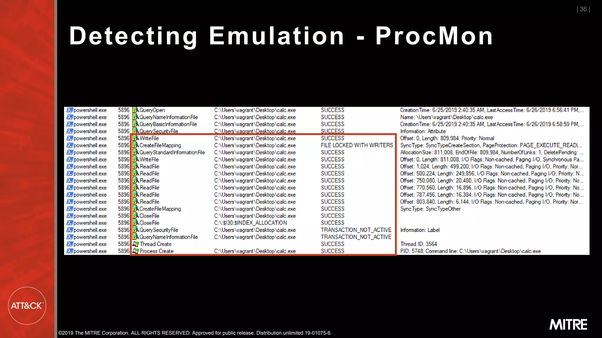 ©2019 The MITRE Corporation. ALL RIGHTS RESERVED. Approved for public release. Distribution unlimited 19-01075-6.
Detecting Emulation - ProcMon
| 36 |
 