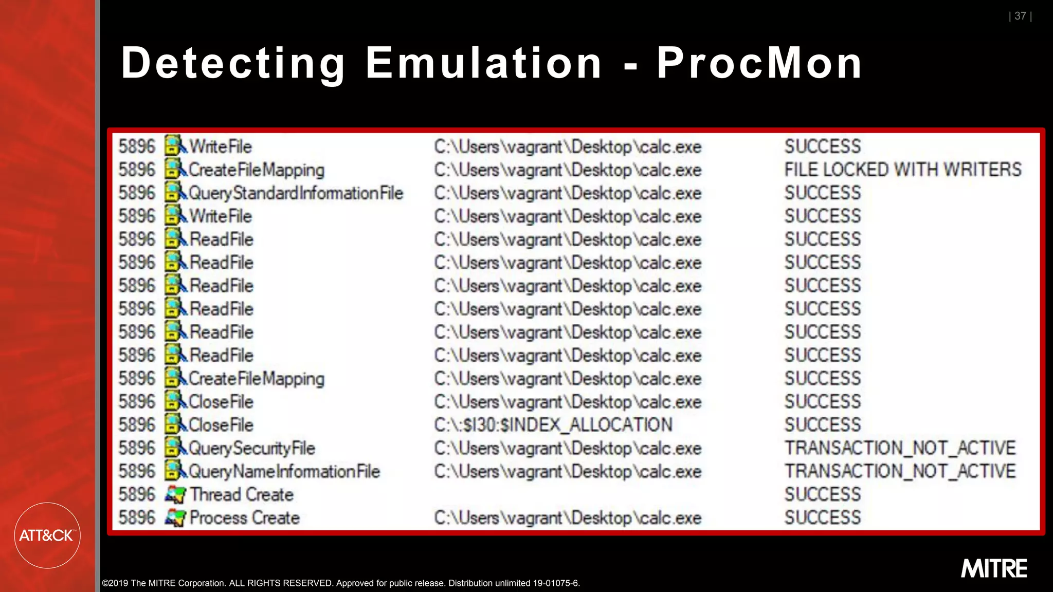 ©2019 The MITRE Corporation. ALL RIGHTS RESERVED. Approved for public release. Distribution unlimited 19-01075-6.
Detecting Emulation - ProcMon
| 37 |
 