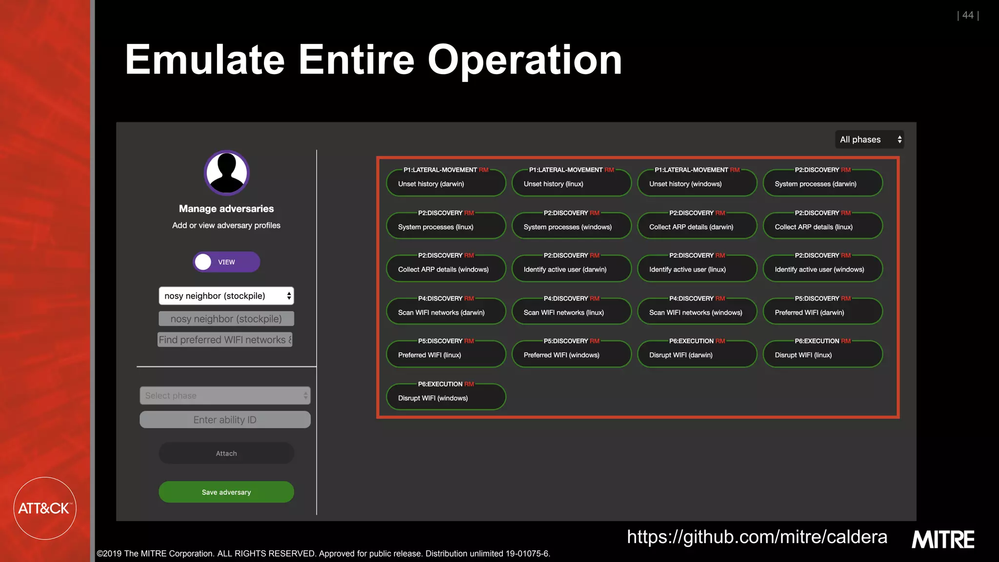 ©2019 The MITRE Corporation. ALL RIGHTS RESERVED. Approved for public release. Distribution unlimited 19-01075-6.
Emulate Entire Operation
| 44 |
https://github.com/mitre/caldera
 