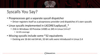 Syscalls You Say?
• Picoprocesses get a separate syscall dispatcher
• Driver registers itself as a picoprocess provider and dispatches it’s own syscalls
• Linux syscalls implemented in LXCORE!LxpSyscall_*
• 216 in Windows 10 Preview 14385 vs 345 in Linux 3.4-rc7
• 62.6% coverage
• Missing syscalls include some *32 equivalents
• Existing are 16-bit not 64-bit, 32-bit calls were introduced in Linux 2.4
 