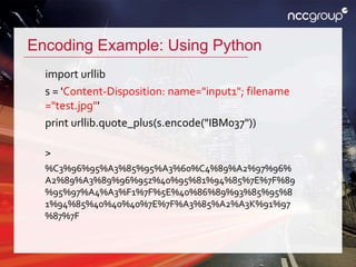 Encoding Example: Using Python
import urllib
s = 'Content-Disposition: name="input1"; filename
="test.jpg"'
print urllib.quote_plus(s.encode("IBM037"))
>
%C3%96%95%A3%85%95%A3%60%C4%89%A2%97%96%
A2%89%A3%89%96%95z%40%95%81%94%85%7E%7F%89
%95%97%A4%A3%F1%7F%5E%40%86%89%93%85%95%8
1%94%85%40%40%40%7E%7F%A3%85%A2%A3K%91%97
%87%7F
 