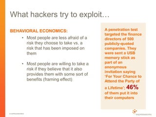 © EXPRESSWORKS
What hackers try to exploit…
BEHAVIORAL ECONOMICS:
• Most people are less afraid of a
risk they choose to take vs. a
risk that has been imposed on
them
• Most people are willing to take a
risk if they believe that it also
provides them with some sort of
benefits (framing effect)
A penetration test
targeted the ﬁnance
directors of 500
publicly-quoted
companies. They
were sent a USB
memory stick as
part of an
anonymous
invitation saying
‘For Your Chance to
Attend the Party of
a Lifetime’; 46%
of them put it into
their computers
 