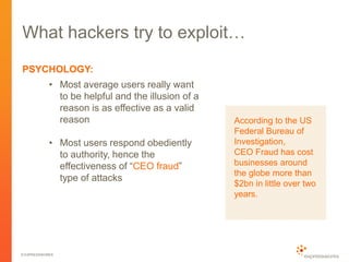 © EXPRESSWORKS
What hackers try to exploit…
PSYCHOLOGY:
• Most average users really want
to be helpful and the illusion of a
reason is as effective as a valid
reason
• Most users respond obediently
to authority, hence the
effectiveness of “CEO fraud”
type of attacks
According to the US
Federal Bureau of
Investigation,
CEO Fraud has cost
businesses around
the globe more than
$2bn in little over two
years.
 