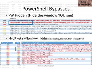 PowerShell Bypasses
• -W Hidden (Hide the window YOU see)
• -NoP –sta –NonI –w hidden (no Profile, Hidden, Non-Interactive)
MalwareArchaeology.com
 