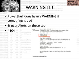 WARNING !!!!
MalwareArchaeology.com
• PowerShell does have a WARNING if
something is odd
• Trigger Alerts on these too
• 4104
 