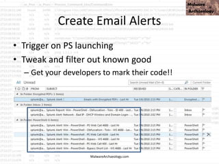 Create Email Alerts
• Trigger on PS launching
• Tweak and filter out known good
– Get your developers to mark their code!!
MalwareArchaeology.com
 