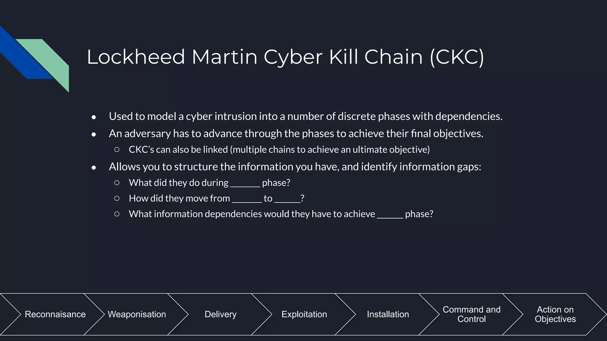 Weaponisation Delivery Exploitation Installation
Command and
Control
Action on
Objectives
Reconnaisance
Lockheed Martin Cyber Kill Chain (CKC)
● Used to model a cyber intrusion into a number of discrete phases with dependencies.
● An adversary has to advance through the phases to achieve their ﬁnal objectives.
○ CKC’s can also be linked (multiple chains to achieve an ultimate objective)
● Allows you to structure the information you have, and identify information gaps:
○ What did they do during ________ phase?
○ How did they move from ________ to _______?
○ What information dependencies would they have to achieve _______ phase?
 