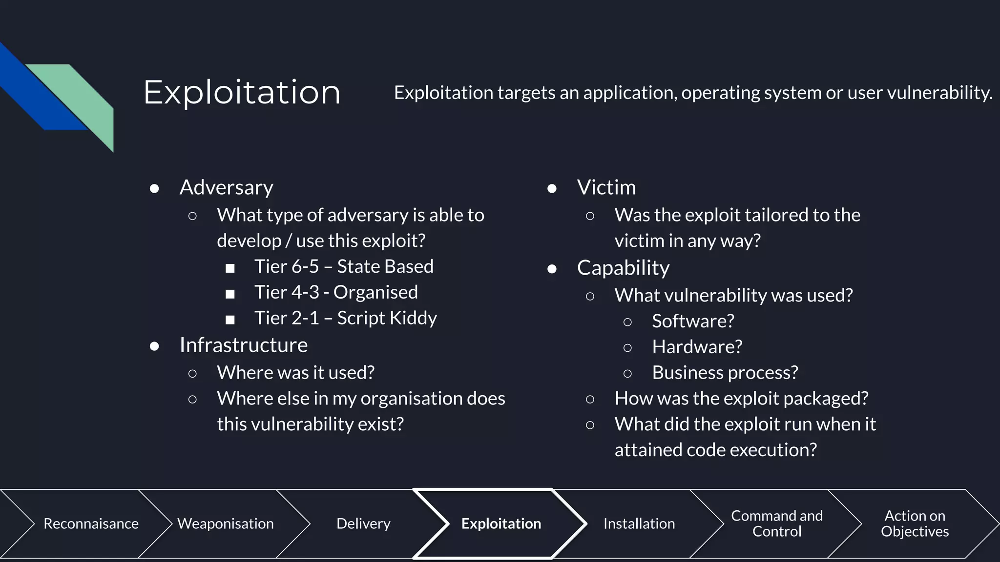 Exploitation Exploitation targets an application, operating system or user vulnerability.
Weaponisation Delivery Exploitation Installation
Command and
Control
Action on
Objectives
Reconnaisance
● Adversary
○ What type of adversary is able to
develop / use this exploit?
■ Tier 6-5 – State Based
■ Tier 4-3 - Organised
■ Tier 2-1 – Script Kiddy
● Infrastructure
○ Where was it used?
○ Where else in my organisation does
this vulnerability exist?
● Victim
○ Was the exploit tailored to the
victim in any way?
● Capability
○ What vulnerability was used?
○ Software?
○ Hardware?
○ Business process?
○ How was the exploit packaged?
○ What did the exploit run when it
attained code execution?
 