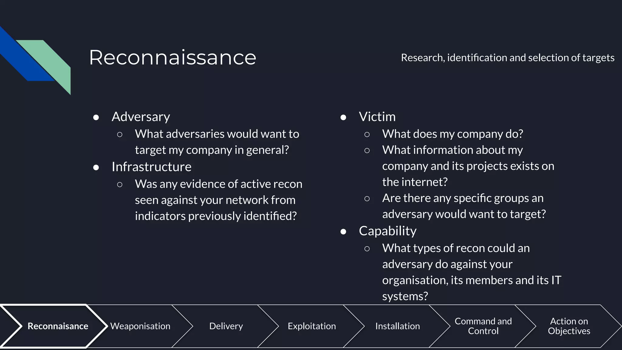 Reconnaissance Research, identiﬁcation and selection of targets
Weaponisation Delivery Exploitation Installation
Command and
Control
Action on
Objectives
Reconnaisance
● Adversary
○ What adversaries would want to
target my company in general?
● Infrastructure
○ Was any evidence of active recon
seen against your network from
indicators previously identiﬁed?
● Victim
○ What does my company do?
○ What information about my
company and its projects exists on
the internet?
○ Are there any speciﬁc groups an
adversary would want to target?
● Capability
○ What types of recon could an
adversary do against your
organisation, its members and its IT
systems?
 