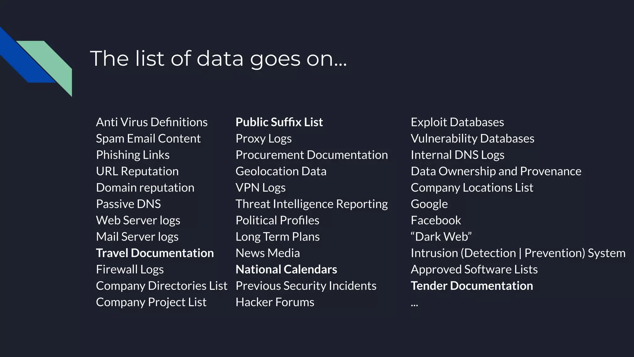 The list of data goes on...
Anti Virus Deﬁnitions
Spam Email Content
Phishing Links
URL Reputation
Domain reputation
Passive DNS
Web Server logs
Mail Server logs
Travel Documentation
Firewall Logs
Company Directories List
Company Project List
Public Sufﬁx List
Proxy Logs
Procurement Documentation
Geolocation Data
VPN Logs
Threat Intelligence Reporting
Political Proﬁles
Long Term Plans
News Media
National Calendars
Previous Security Incidents
Hacker Forums
Exploit Databases
Vulnerability Databases
Internal DNS Logs
Data Ownership and Provenance
Company Locations List
Google
Facebook
“Dark Web”
Intrusion (Detection | Prevention) System
Approved Software Lists
Tender Documentation
...
 