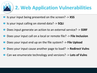 Is your input being presented on the screen? -> XSS
Is your input calling on stored data? -> SQLi
Does input generate an action to an external service? -> SSRF
Does your input call on a local or remote file? -> File Inclusion
Does your input end up on the file system? -> File Upload
Does your input cause another page to load? -> Redirect Vulns
Can we enumerate technology and versions? -> Lots of Vulns
2. Web Application Vulnerabilities
 