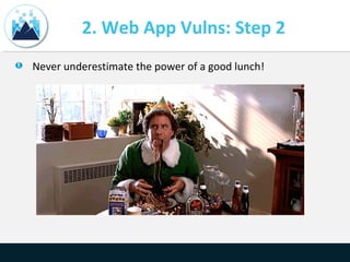 2. Web App Vulns: Step 2
Never underestimate the power of a good lunch!
 