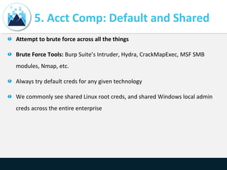 5. Acct Comp: Default and Shared
Attempt to brute force across all the things
Brute Force Tools: Burp Suite’s Intruder, Hydra, CrackMapExec, MSF SMB
modules, Nmap, etc.
Always try default creds for any given technology
We commonly see shared Linux root creds, and shared Windows local admin
creds across the entire enterprise
 