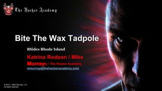 Bite The Wax Tadpole
BSides Rhode Island

Katrina Rodzon / Mike
MAD Security / The Hacker Academy
Murray
mmurray@thehackeracademy.com

© 2010 – MAD Security, LLC
All rights reserved

 