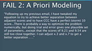 FAIL 2: A Priori Modeling
“Following up my previous email, I have tweaked my
equation to try to achieve better separation between
adjacent scores and to have CCC have a perfect (storm) 10
score...There is probably a way to optimize the problem
numerically, but doing trial and error gives one plausible set
of parameters...except that the scores of 9.21 and 9.54 are
still too close together. I can adjust x.3 and x.7 to get a
better separation . . .”

 