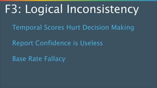 F3: Logical Inconsistency
Temporal Scores Hurt Decision Making
Report Confidence is Useless
Base Rate Fallacy

 