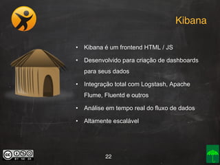 Kibana
•

Kibana é um frontend HTML / JS

•

Desenvolvido para criação de dashboards
para seus dados

•

Integração total com Logstash, Apache
Flume, Fluentd e outros

•

Análise em tempo real do fluxo de dados

•

Altamente escalável

22

 
